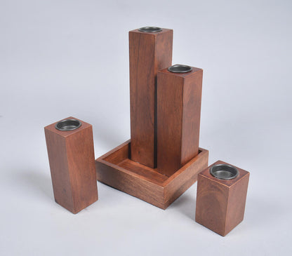 Hand Cut Mango Wood Candle Holders &amp; Tray Set-2