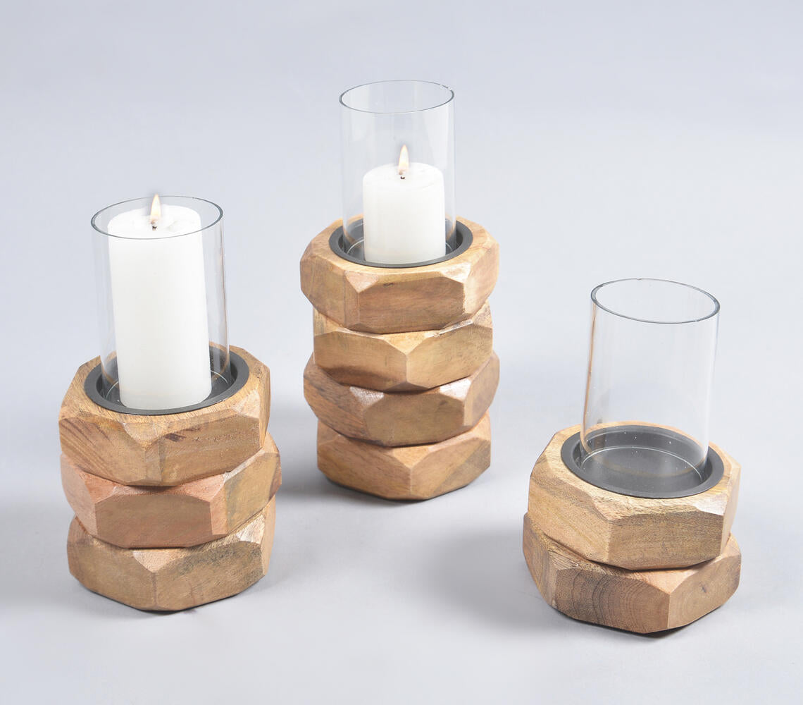 Hand Carved Stacked Mango Wood &amp; Glass Candle Holders (Set of 3)-0