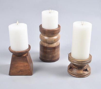 Assorted Natural Mango Wood Candle Holders (Set of 3)-0