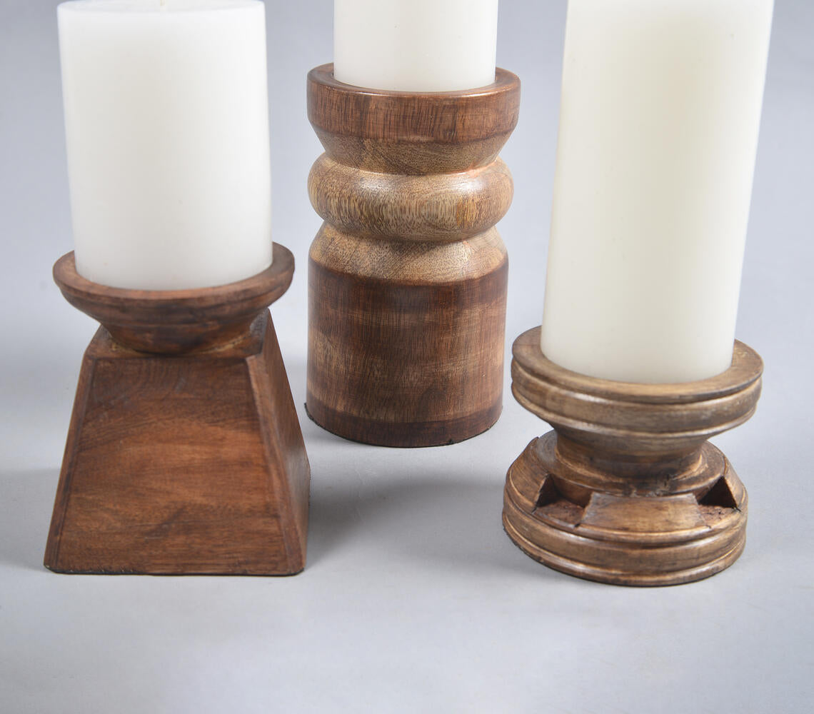 Assorted Natural Mango Wood Candle Holders (Set of 3)-2