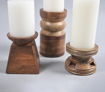 Assorted Natural Mango Wood Candle Holders (Set of 3)-2