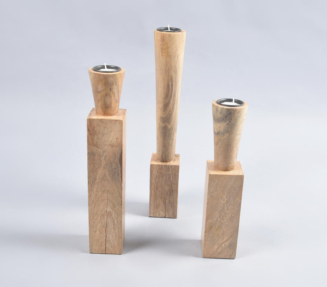 Natural Mango Wood Candle Holders (Set of 3)-0