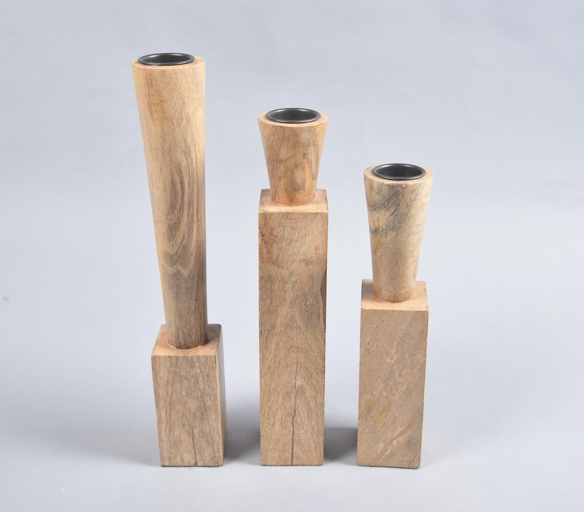 Natural Mango Wood Candle Holders (Set of 3)-2