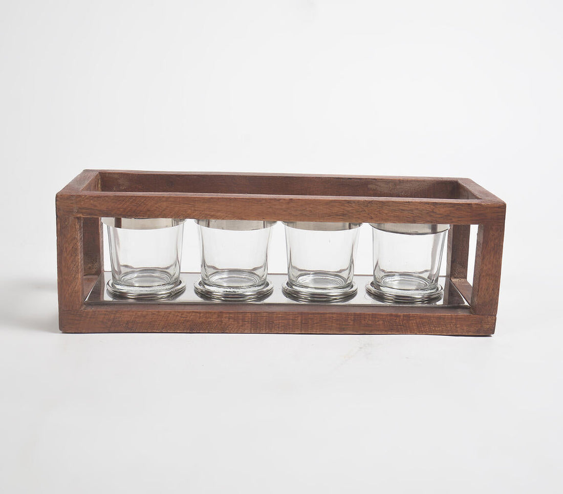 Classic Five Glass Tea Light Holders with Wooden Frame-1