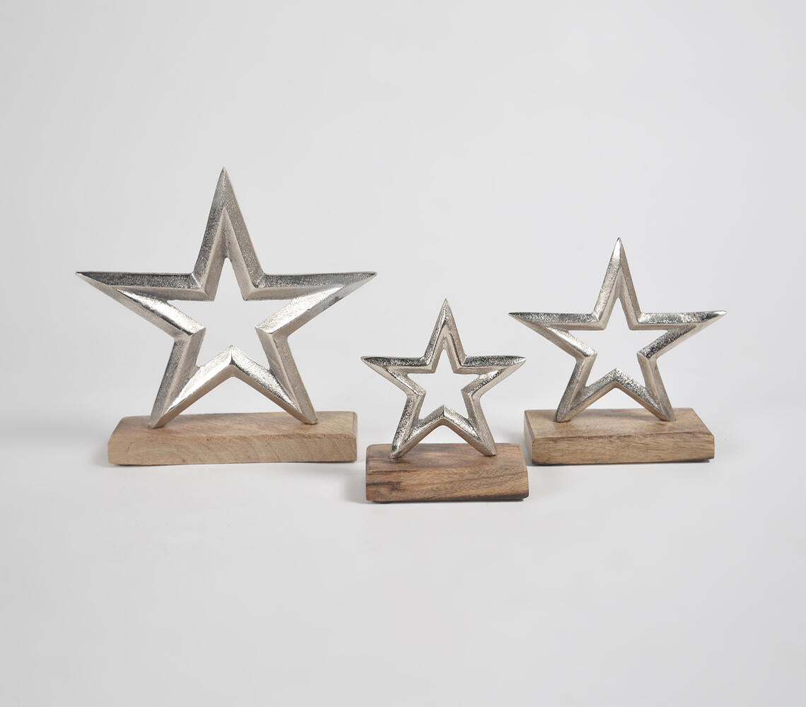 Iron Stars With Light Burnt Wooden Base (Set of 3)-0