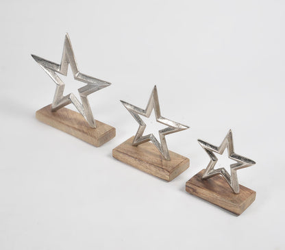 Iron Stars With Light Burnt Wooden Base (Set of 3)-1