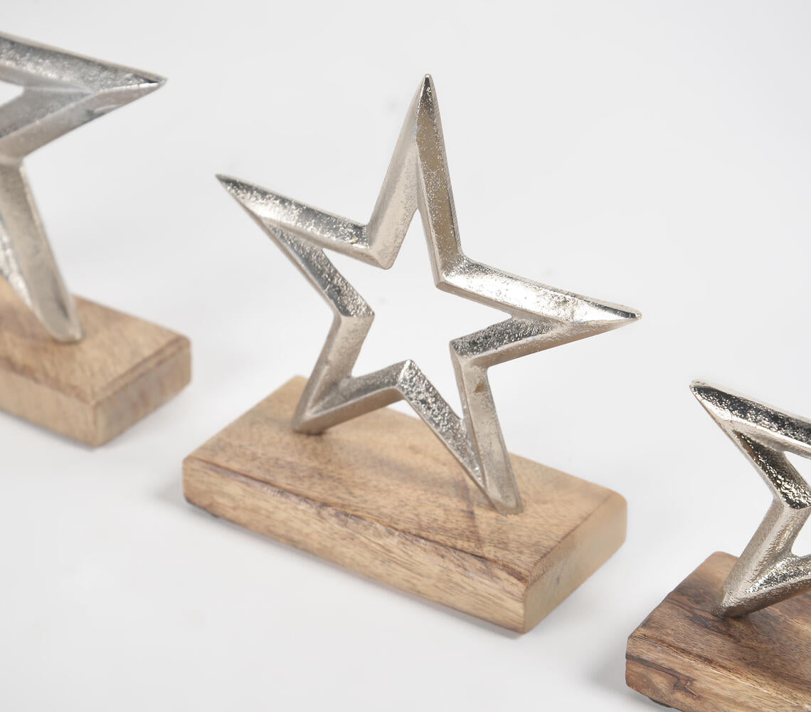 Iron Stars With Light Burnt Wooden Base (Set of 3)-2