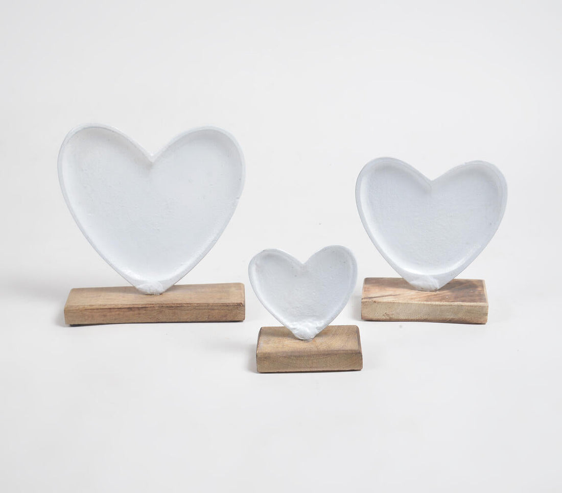 Enamelled Iron Hearts with Wooden Base (set of 3)-0