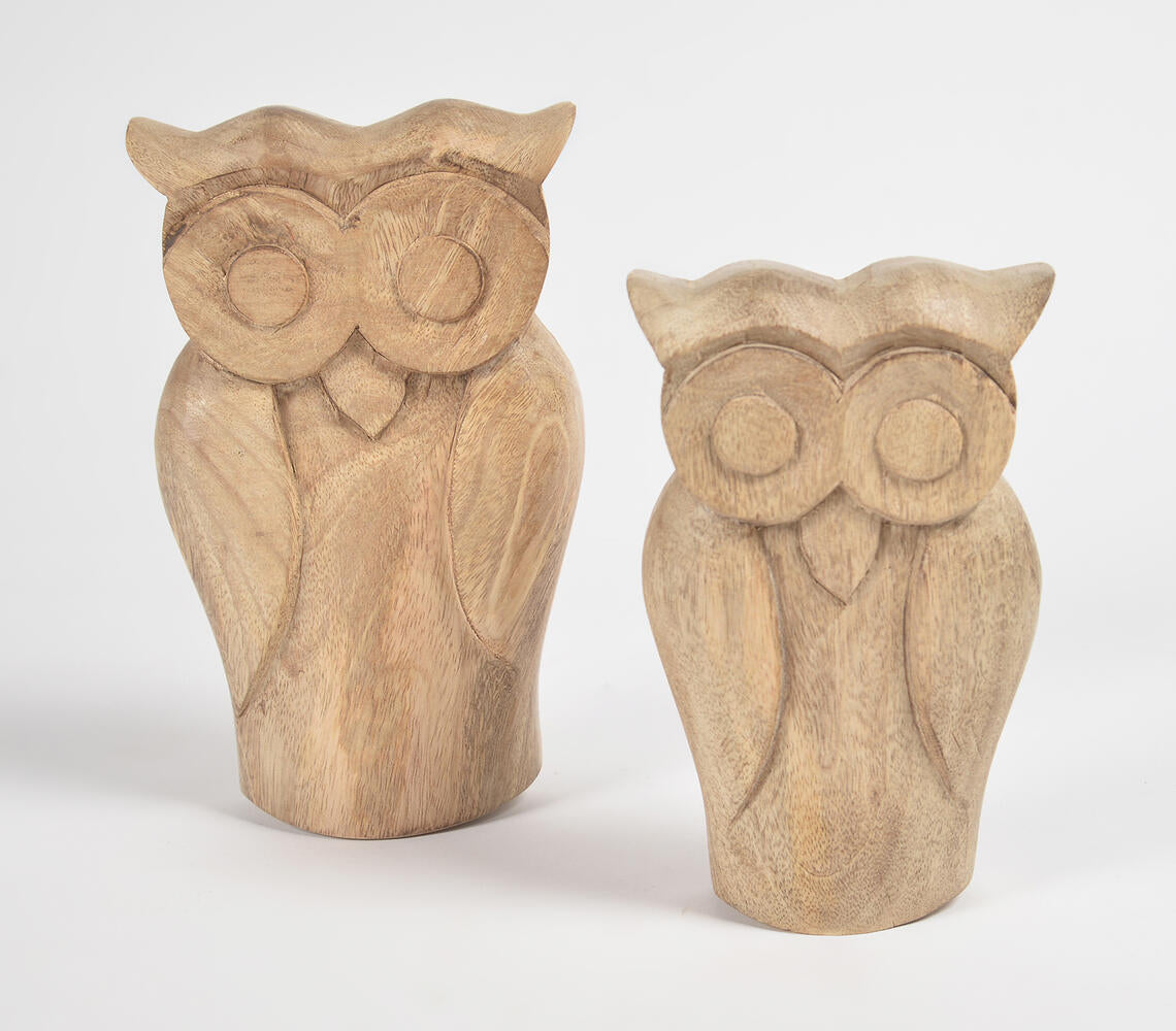 Raw Hand Carved Wooden Owl Figurines (Set of 2)-0