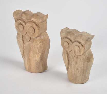 Raw Hand Carved Wooden Owl Figurines (Set of 2)-1