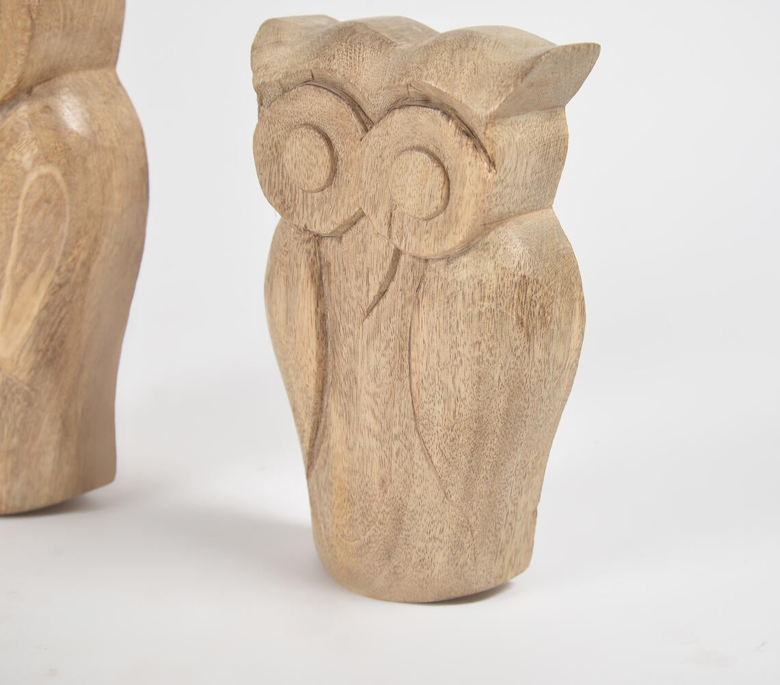 Raw Hand Carved Wooden Owl Figurines (Set of 2)-2