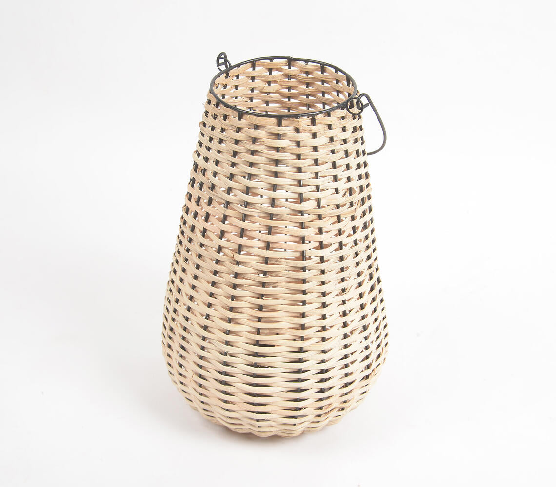 Handwoven Cane &amp; Iron Tea Light Lantern-2