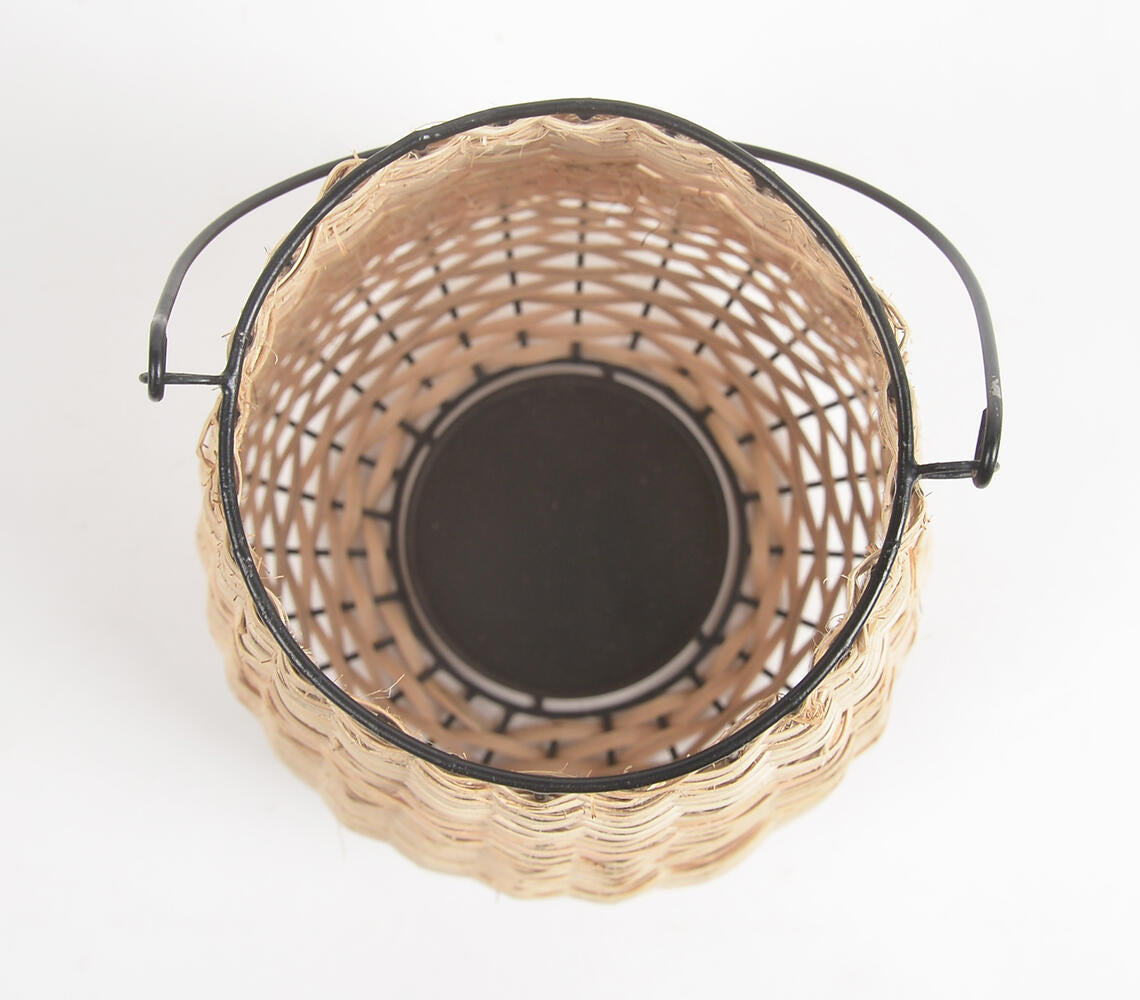 Handwoven Cane &amp; Iron Tea Light Lantern-3