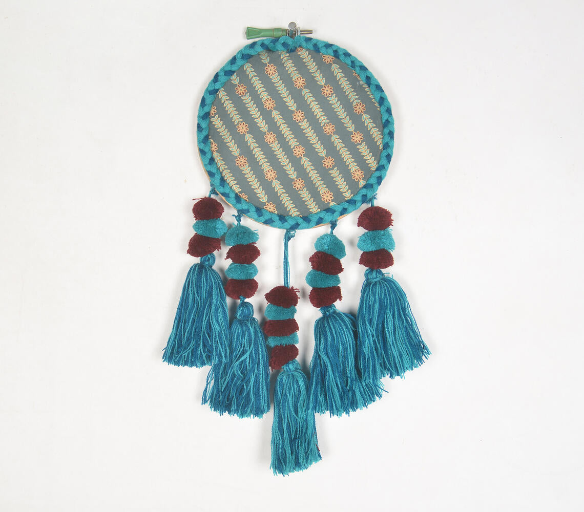 Embroidery hoop Teal tasseled wall hanging-0