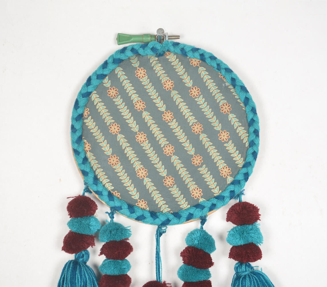 Embroidery hoop Teal tasseled wall hanging-1