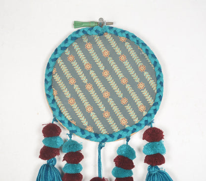 Embroidery hoop Teal tasseled wall hanging-1