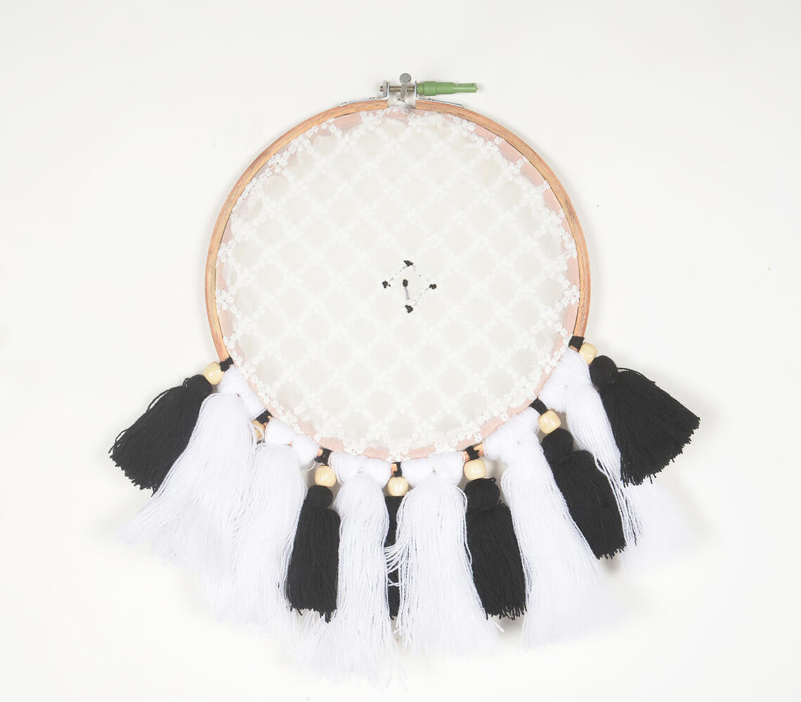 Embroidery Hoop Tasseled Monotone Wall Hanging-0