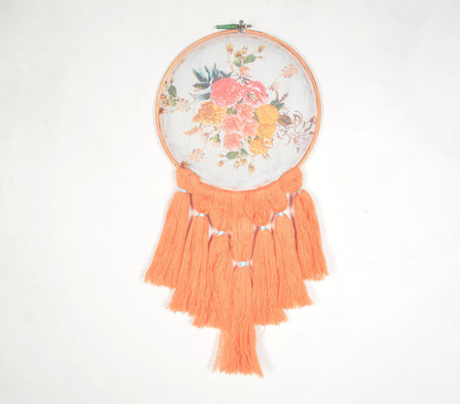 Vintage Rose Embroidery hoop Peach tasseled wall hanging-0