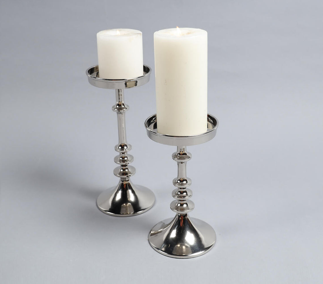 Sand Cast Aluminium Vintage Pillar Candle Stands (Set of 2)-0