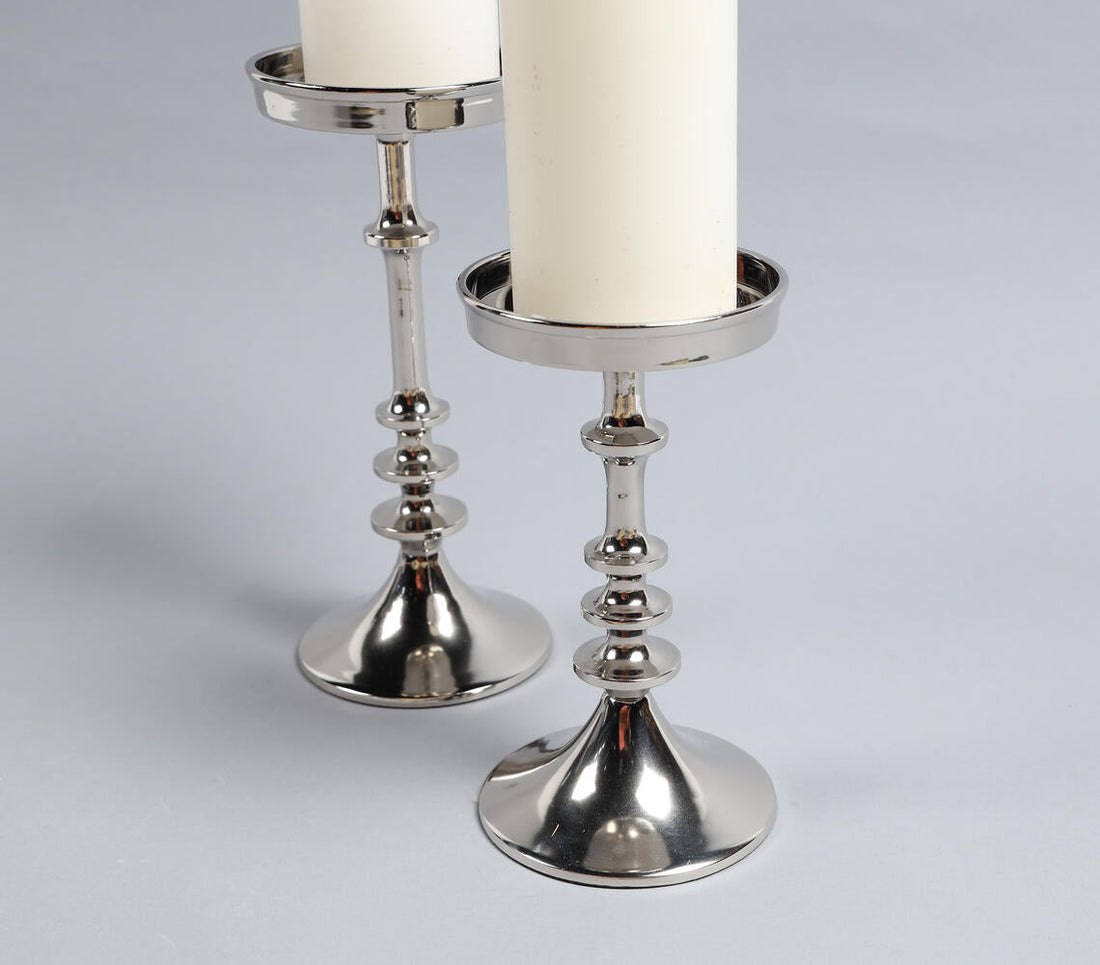 Sand Cast Aluminium Vintage Pillar Candle Stands (Set of 2)-1