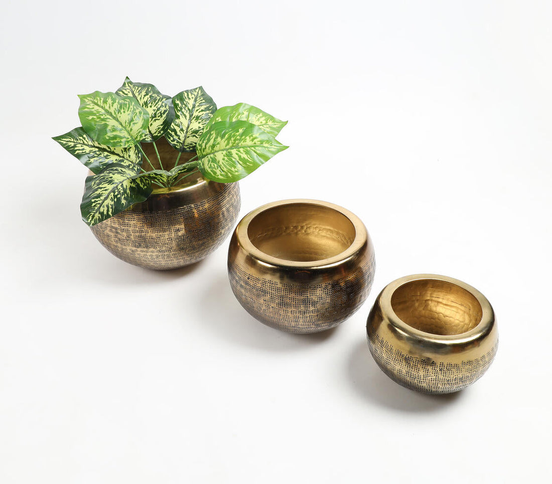 Hand Beaten Golden-Toned Antique Aluminium Planters (set of 3)-0