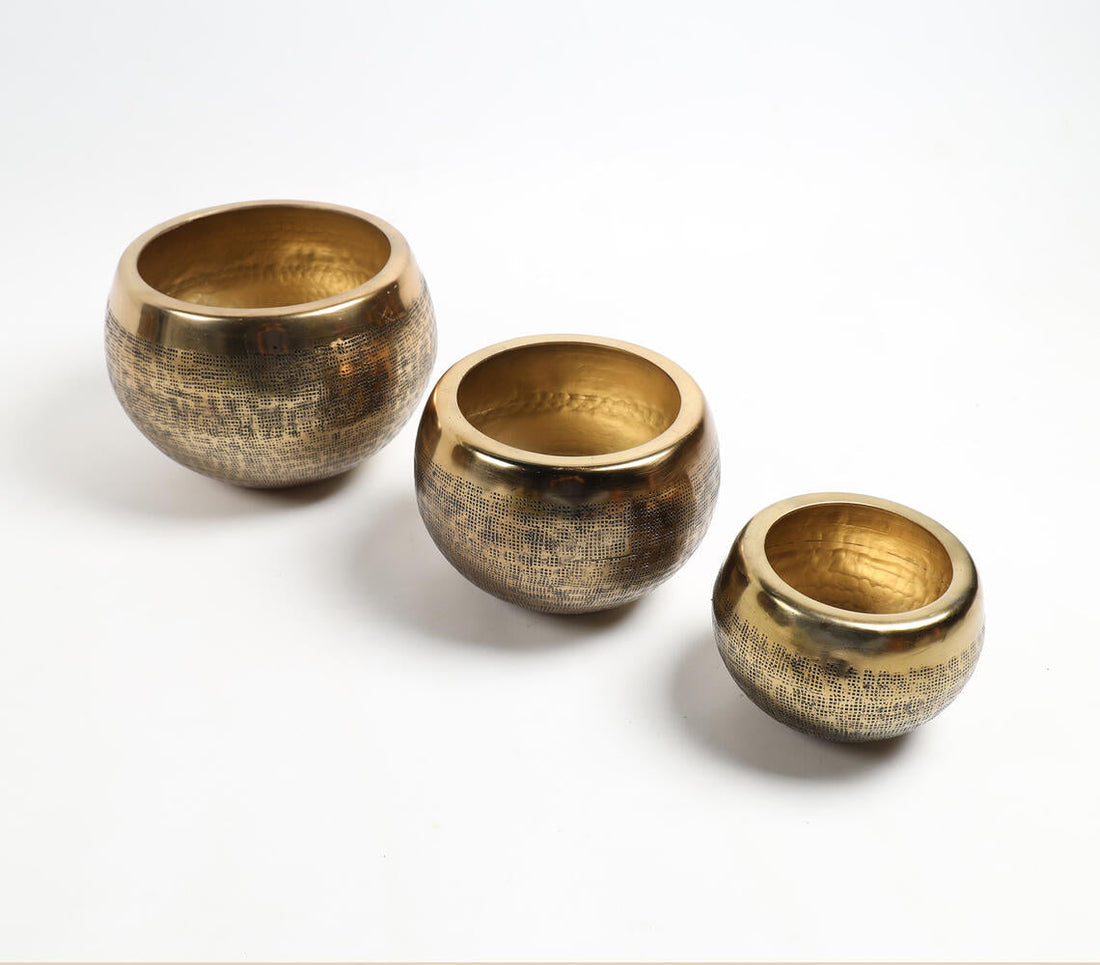 Hand Beaten Golden-Toned Antique Aluminium Planters (set of 3)-1