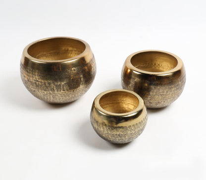 Hand Beaten Golden-Toned Antique Aluminium Planters (set of 3)-2