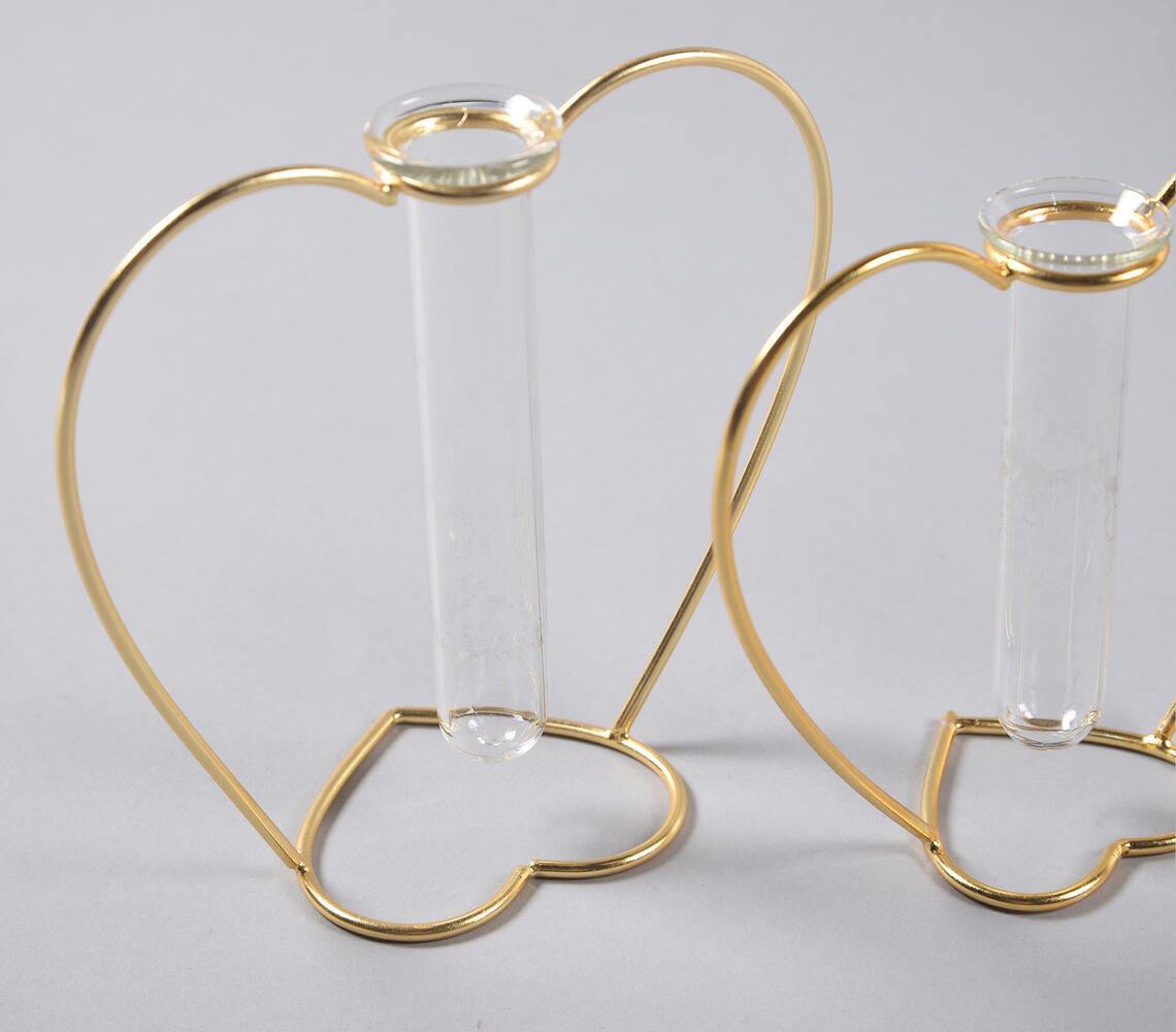 Heart-Shaped Metal &amp; Glass Test Tube Planter Vases (set of 2)-2