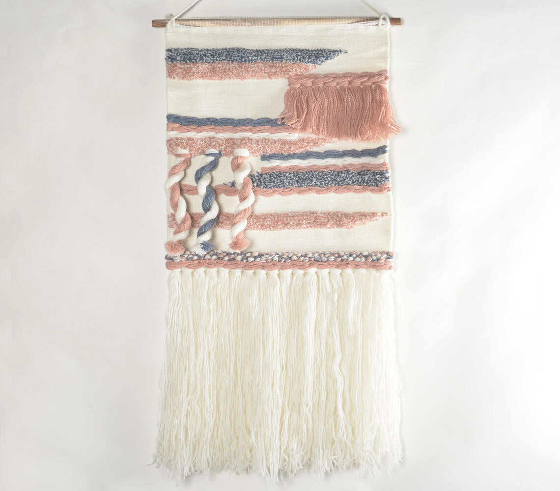 Handwoven Dusty Pink &amp; Cadet Blue Fringed Wall Hanging-0