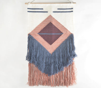 Handwoven Diamond Wall Hanging with Cadet &amp; Rose Fringes-0