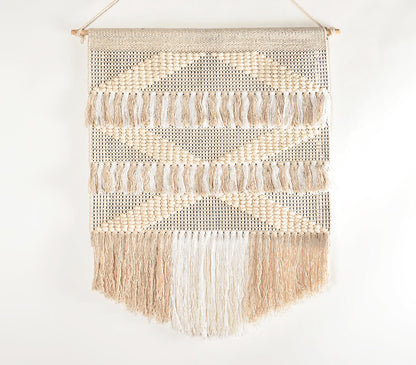 Handwoven Cotton White &amp; Beige Fringed Wall Hanging-0