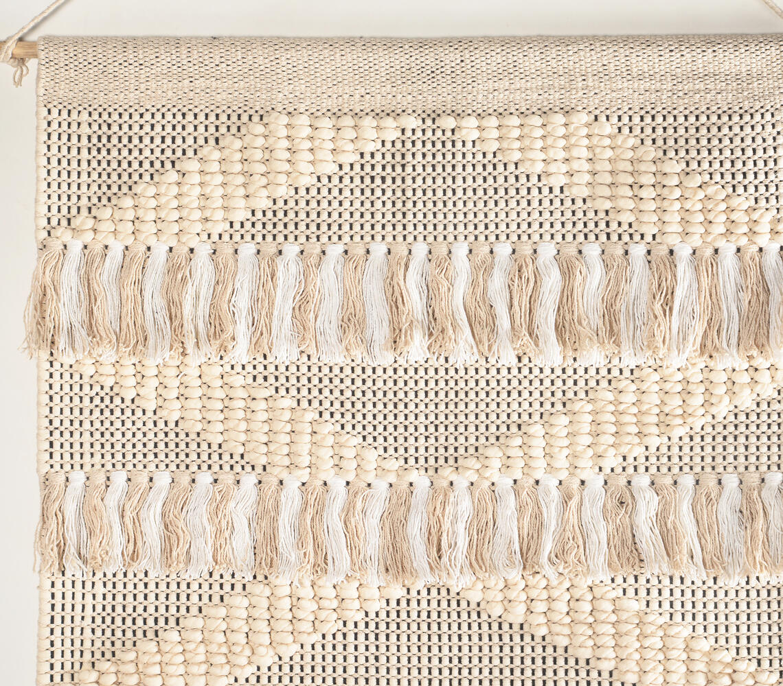 Handwoven Cotton White &amp; Beige Fringed Wall Hanging-1