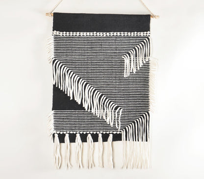 Handwoven Cotton Monochrome Fringed Wall Hanging-0