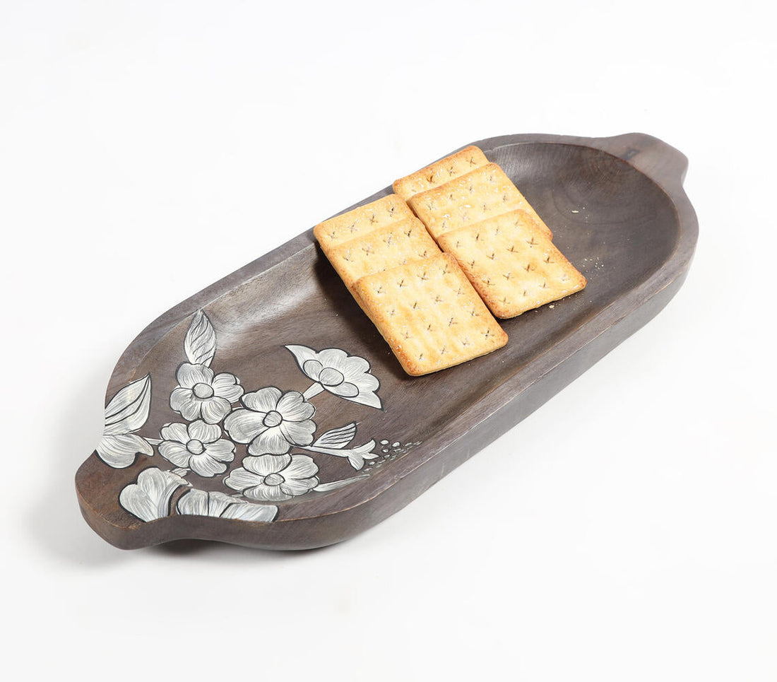 Hand Painted Mango Wood Floral-Sketch Elongated Platter-0