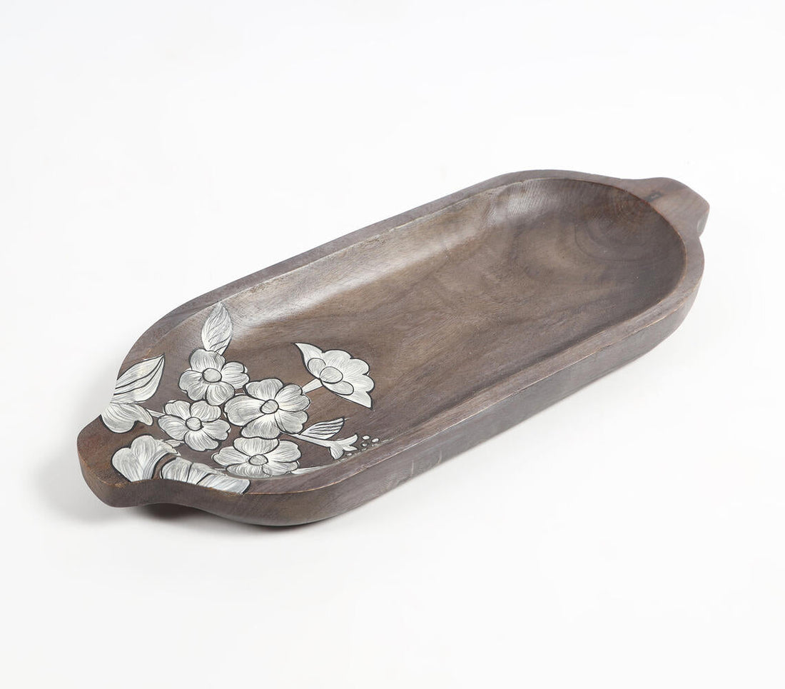 Hand Painted Mango Wood Floral-Sketch Elongated Platter-1