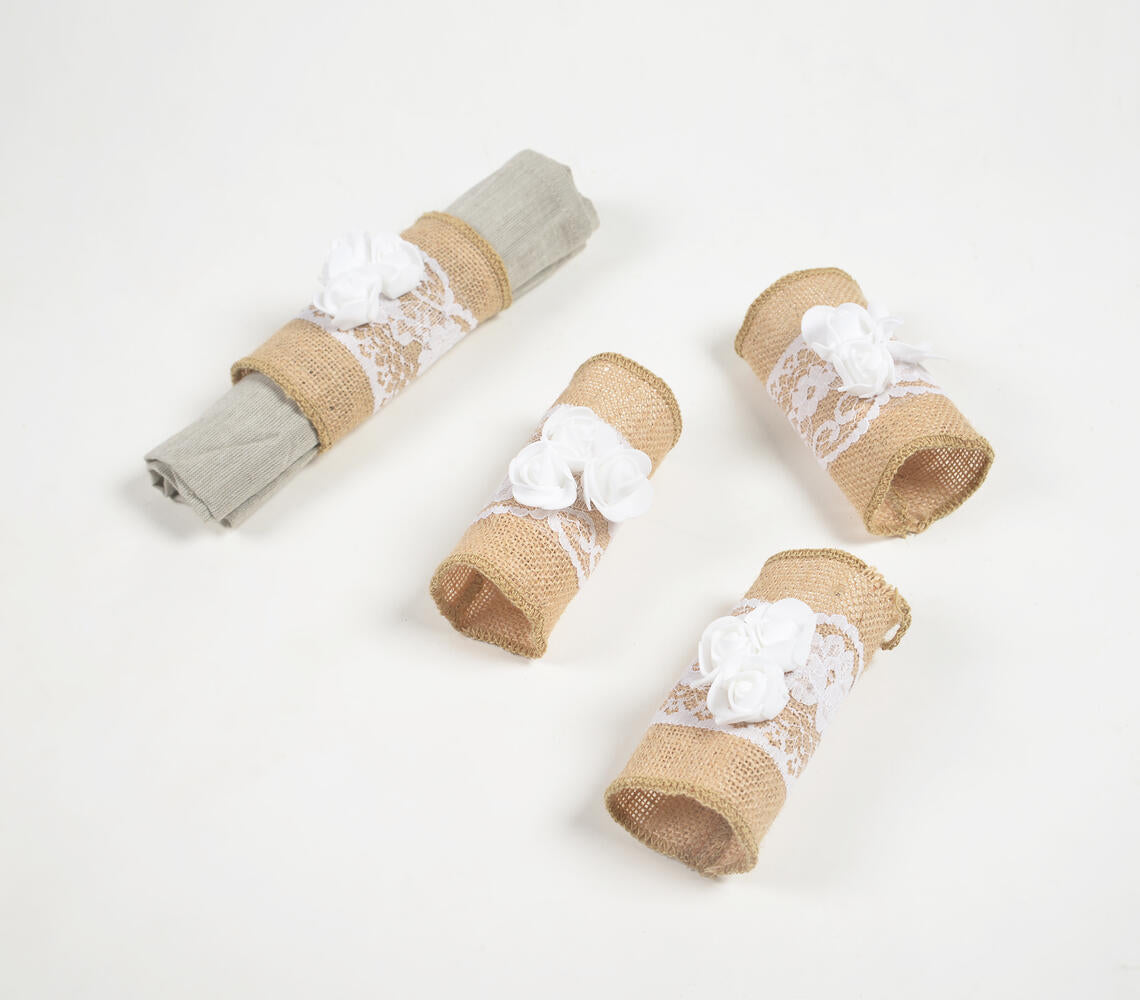 Jute &amp; Floral Lace Napkin rings (set of 4)-0