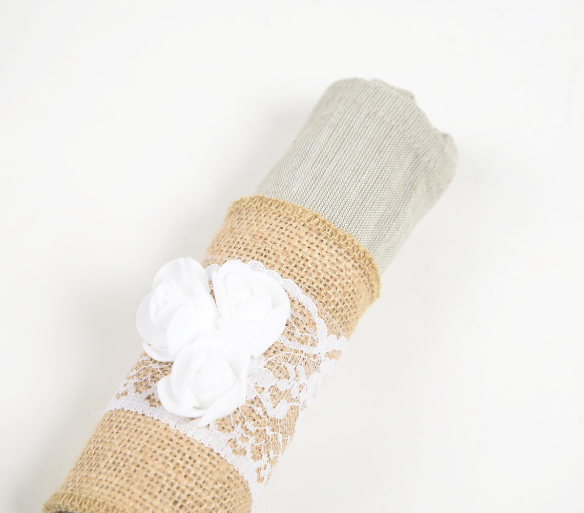 Jute &amp; Floral Lace Napkin rings (set of 4)-2