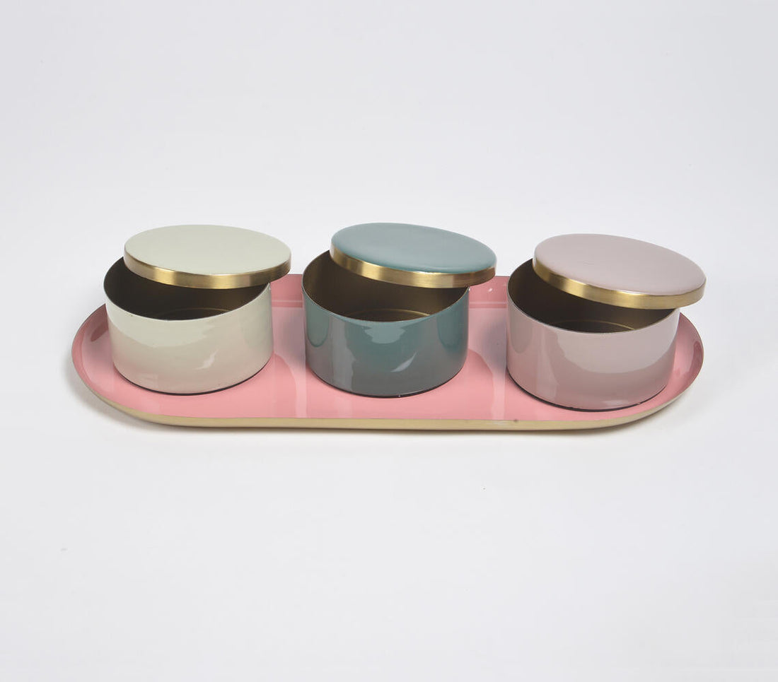 Pastel Enamelled Iron Oval Tray with 3 snack Boxes-1