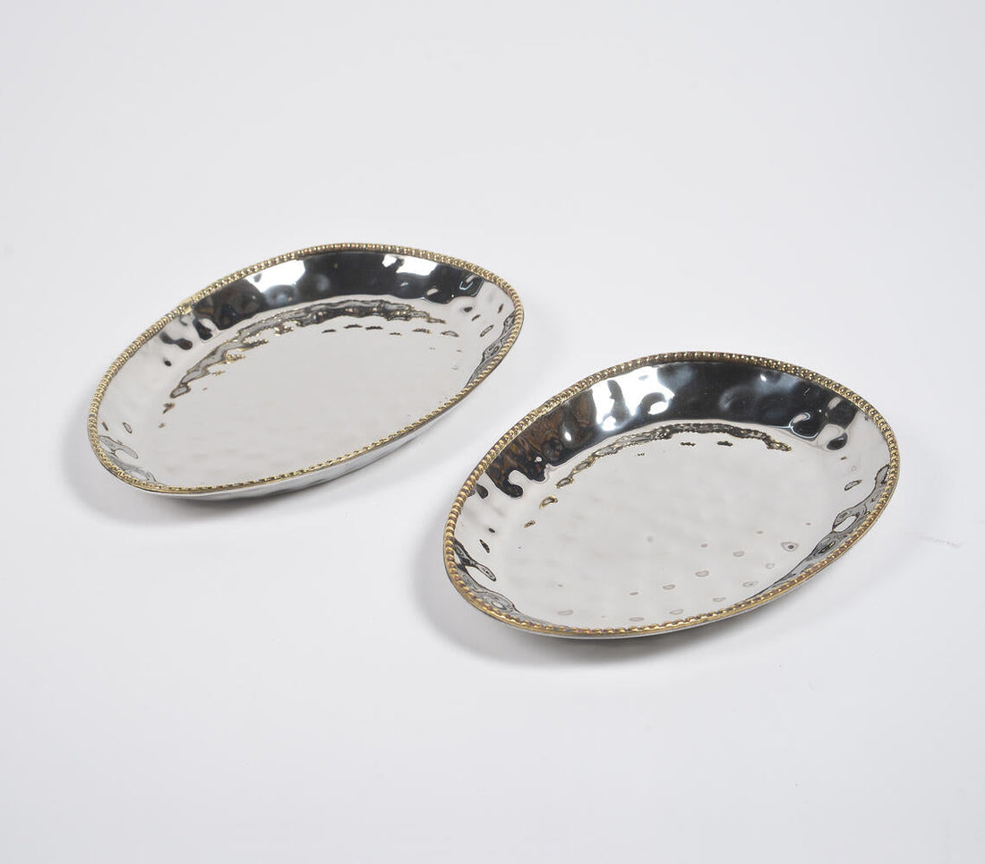 Hand Beaten Silver-Toned Iron Egg-Shaped Trays (set of 2)-0