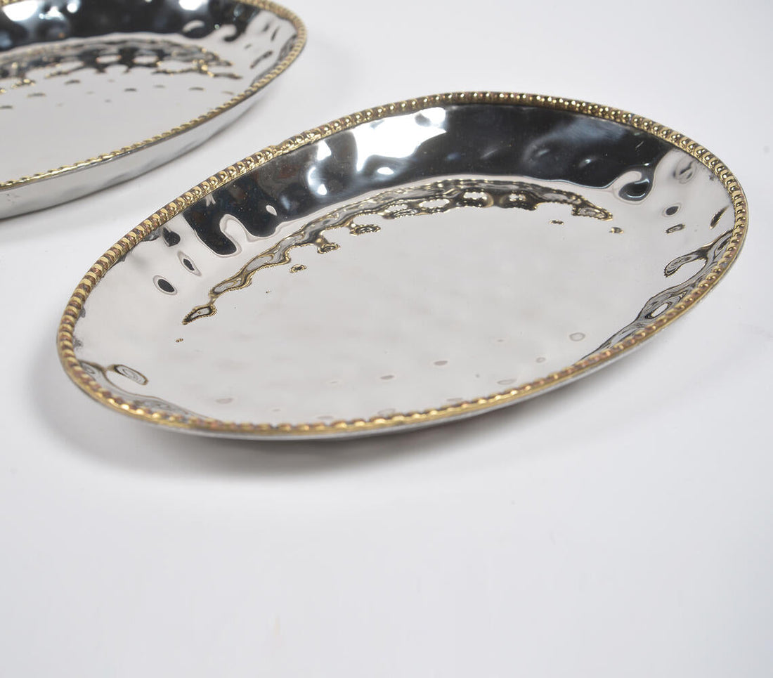Hand Beaten Silver-Toned Iron Egg-Shaped Trays (set of 2)-1