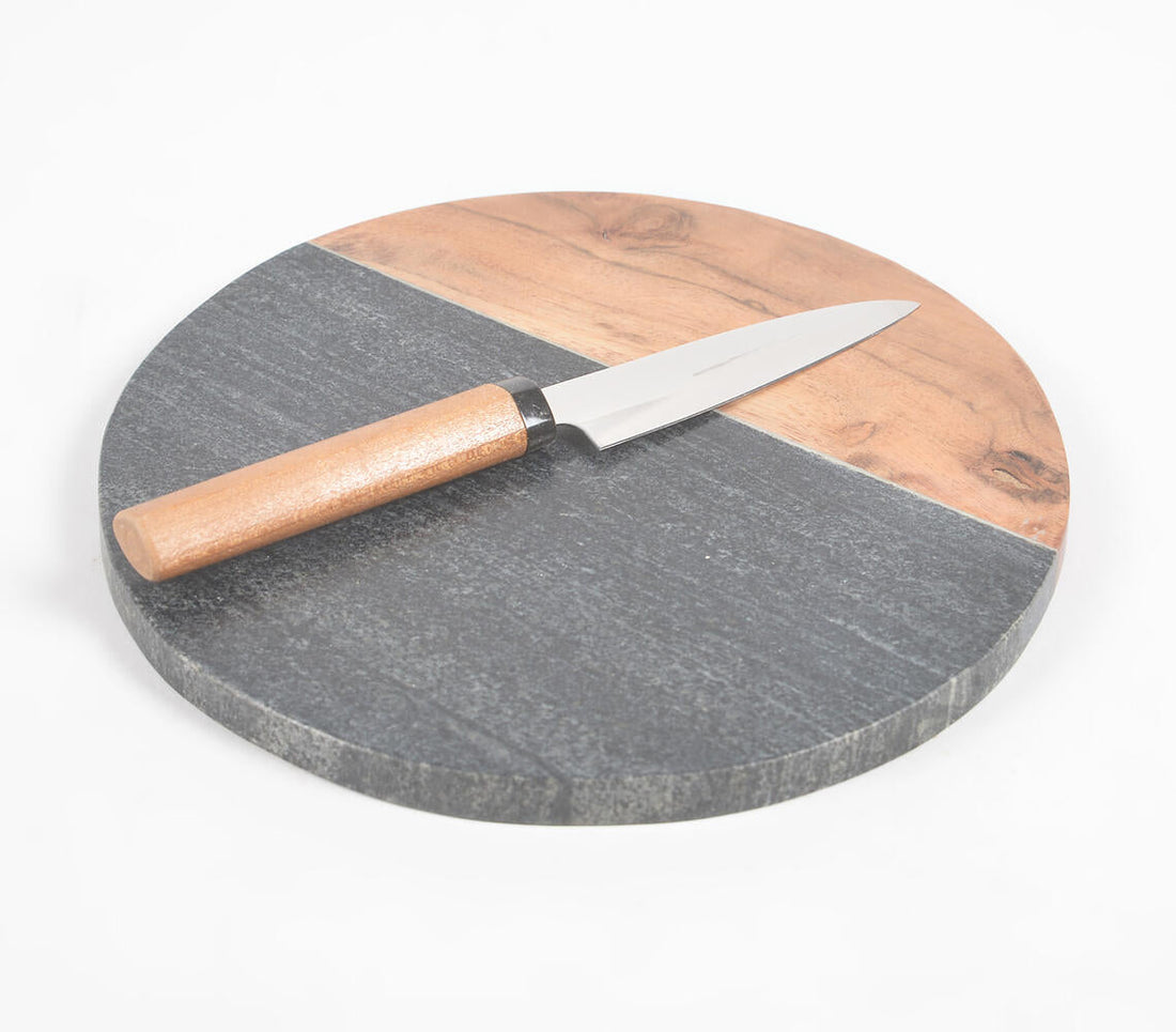 Colorblock Stone &amp; Wood Round Chopping Board-0