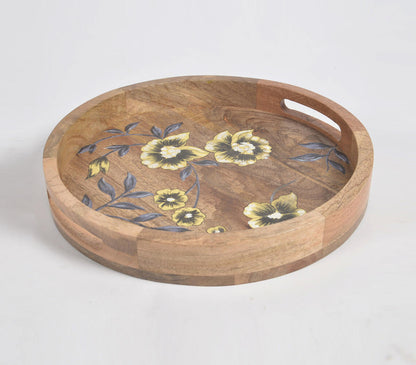 Floral Hand Printed Round Mango Wood Tray-0