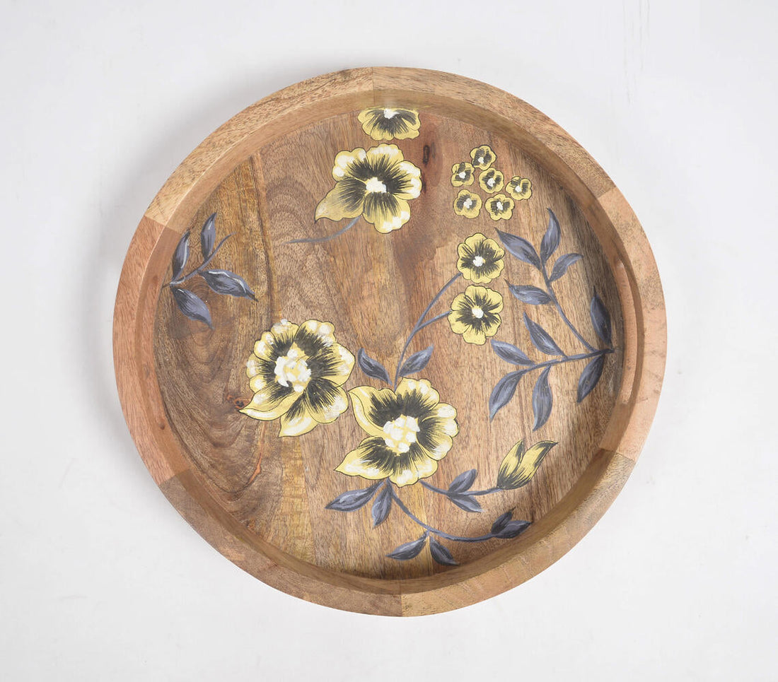 Floral Hand Printed Round Mango Wood Tray-1