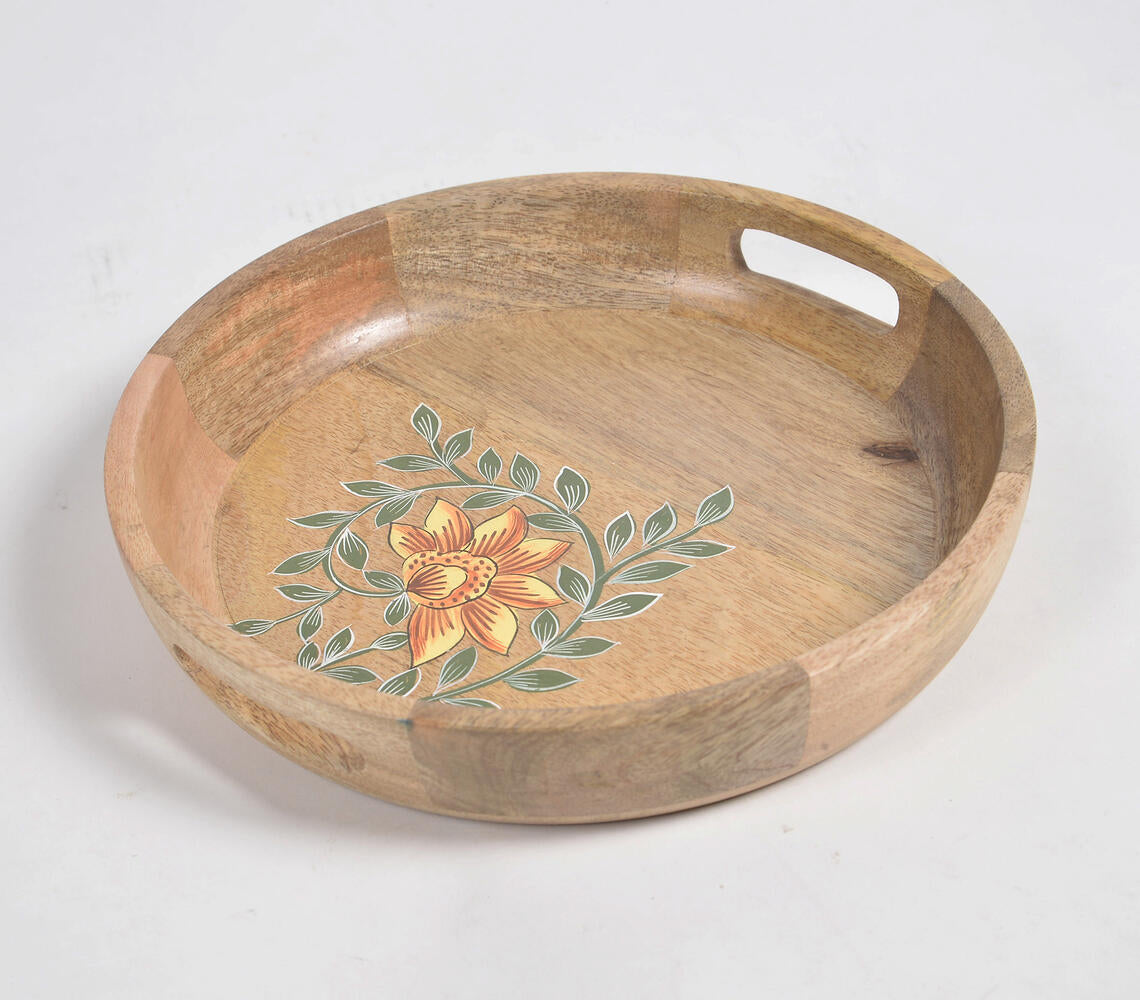 Hand Printed Floral Round Mango Wood Tray-0