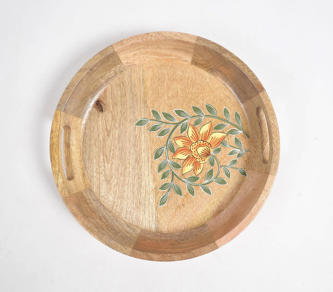 Hand Printed Floral Round Mango Wood Tray-1