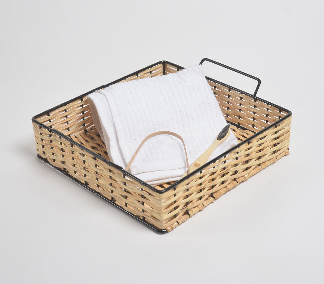 Classic Square Handwoven Cane &amp; Iron Tray-0