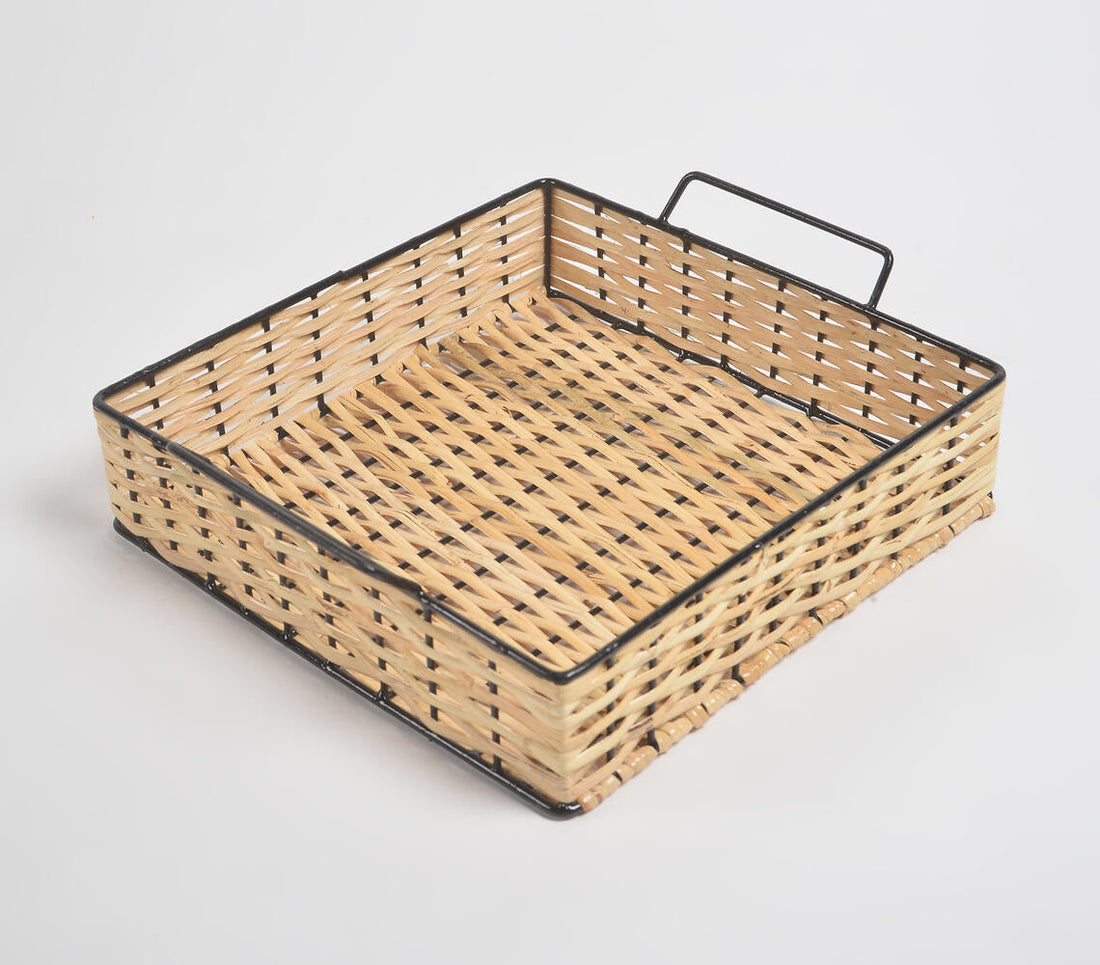 Classic Square Handwoven Cane &amp; Iron Tray-1