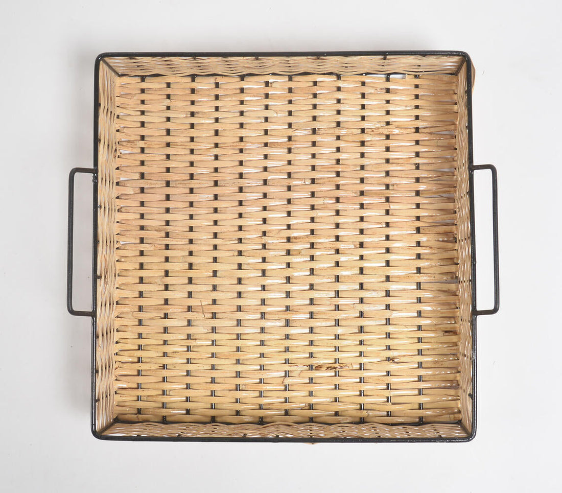 Classic Square Handwoven Cane &amp; Iron Tray-1