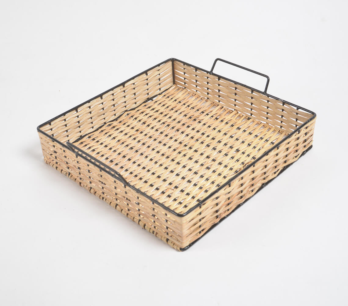 Classic Square Handwoven Cane &amp; Iron Tray-2