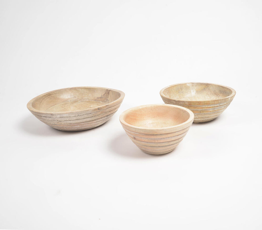 Burnt &amp; Distressed White Wooden Bowls (Set of 3)-1